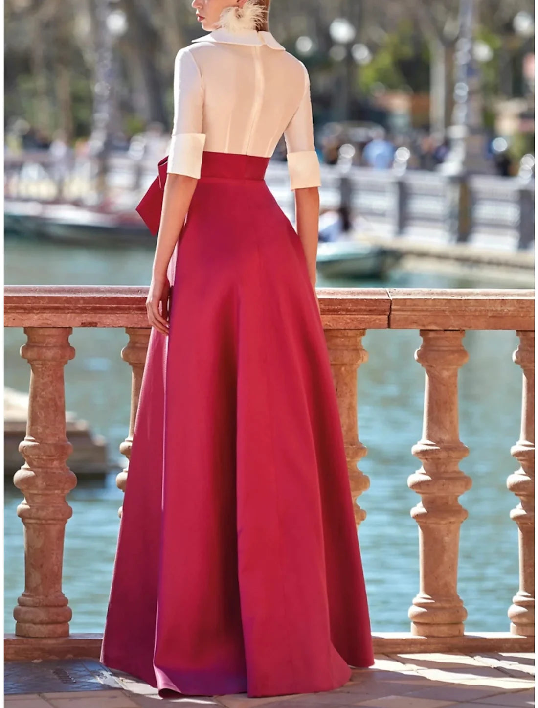 Luolandi A-Line Evening Gown Elegant Dress Formal Floor Length Half Sleeve V Neck Satin with Bow(s) Pleats Sexy